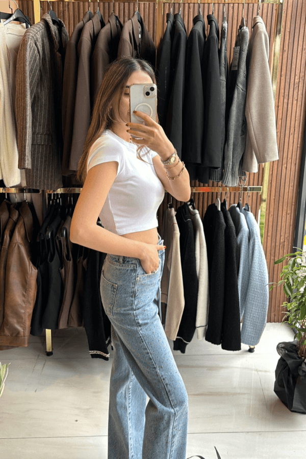 taş detaylı jean düz kesim