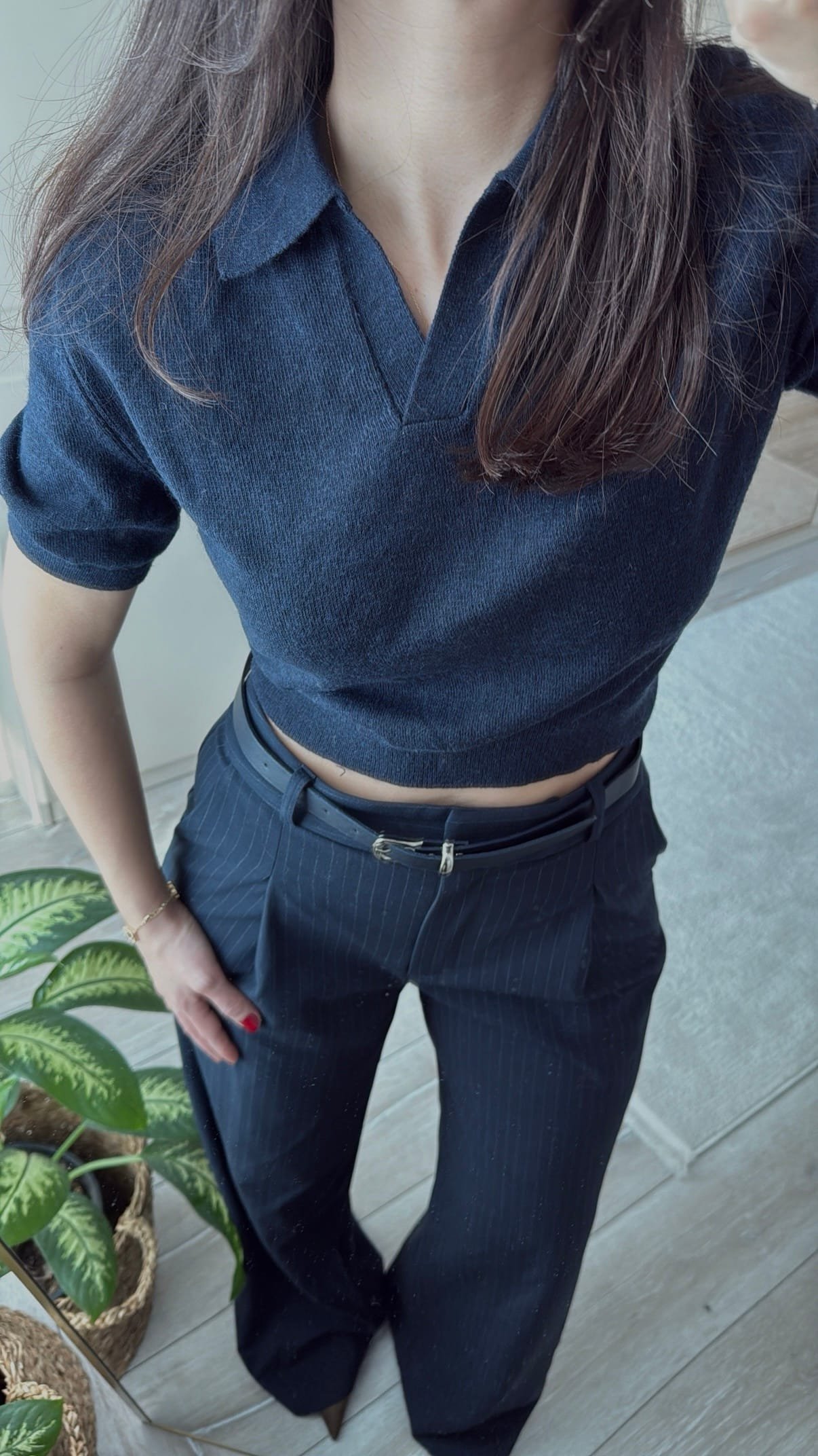 Çizgili Yüksek Bel Kumaş Pantolon - Görsel 2