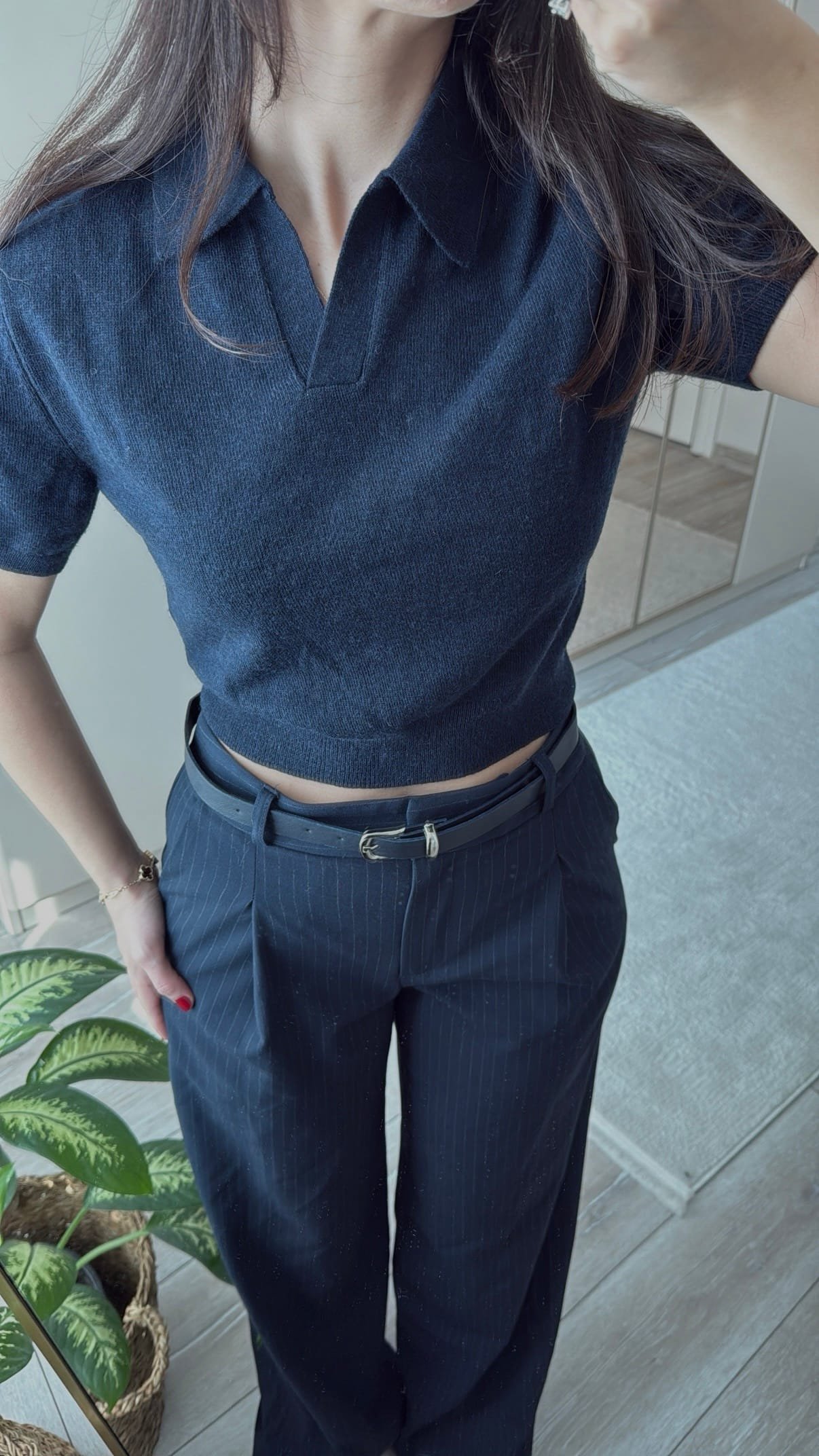 Çizgili Yüksek Bel Kumaş Pantolon - Görsel 4